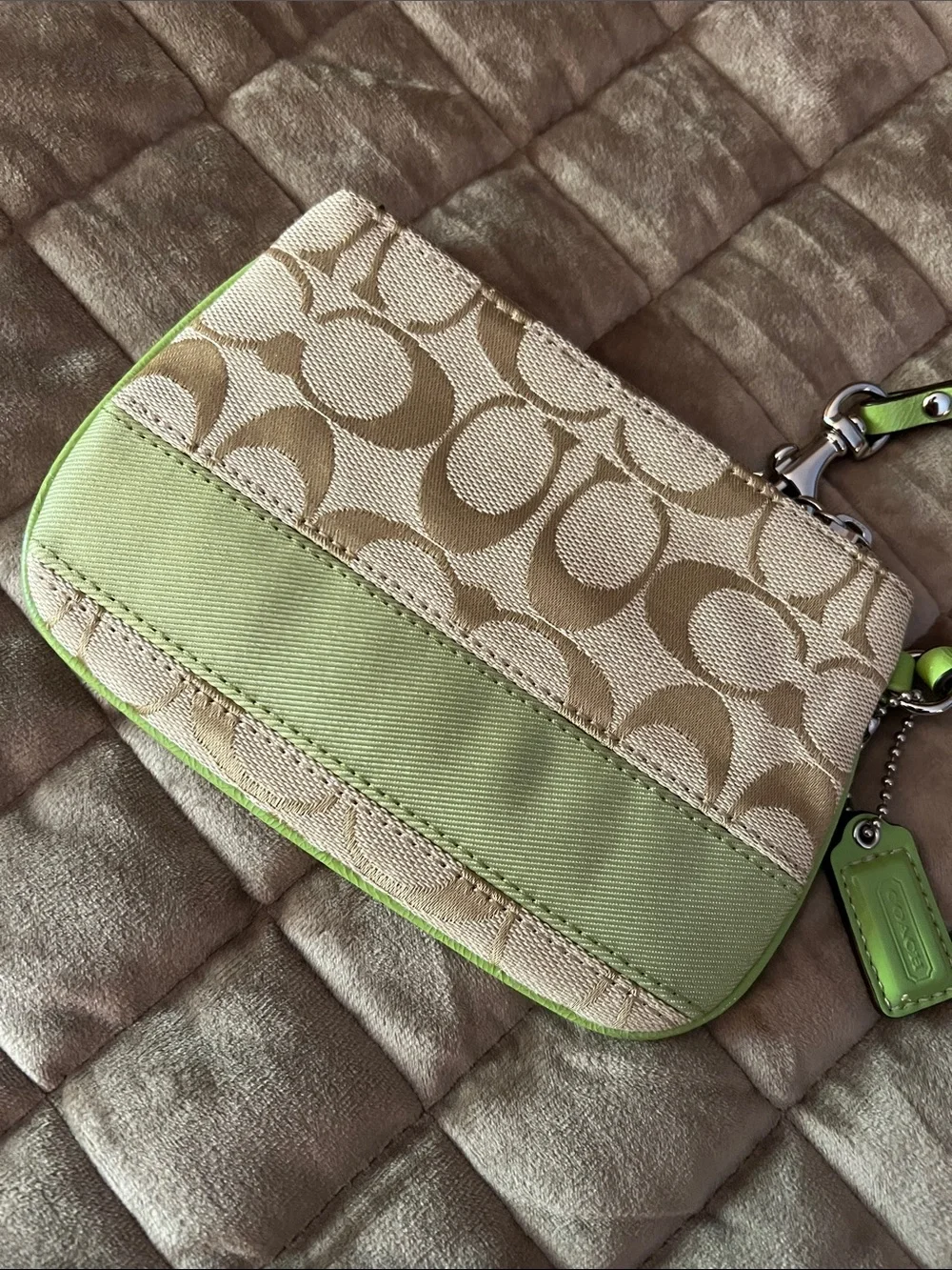 Coach Khaki Jacquard Wristlet with Lime Trim